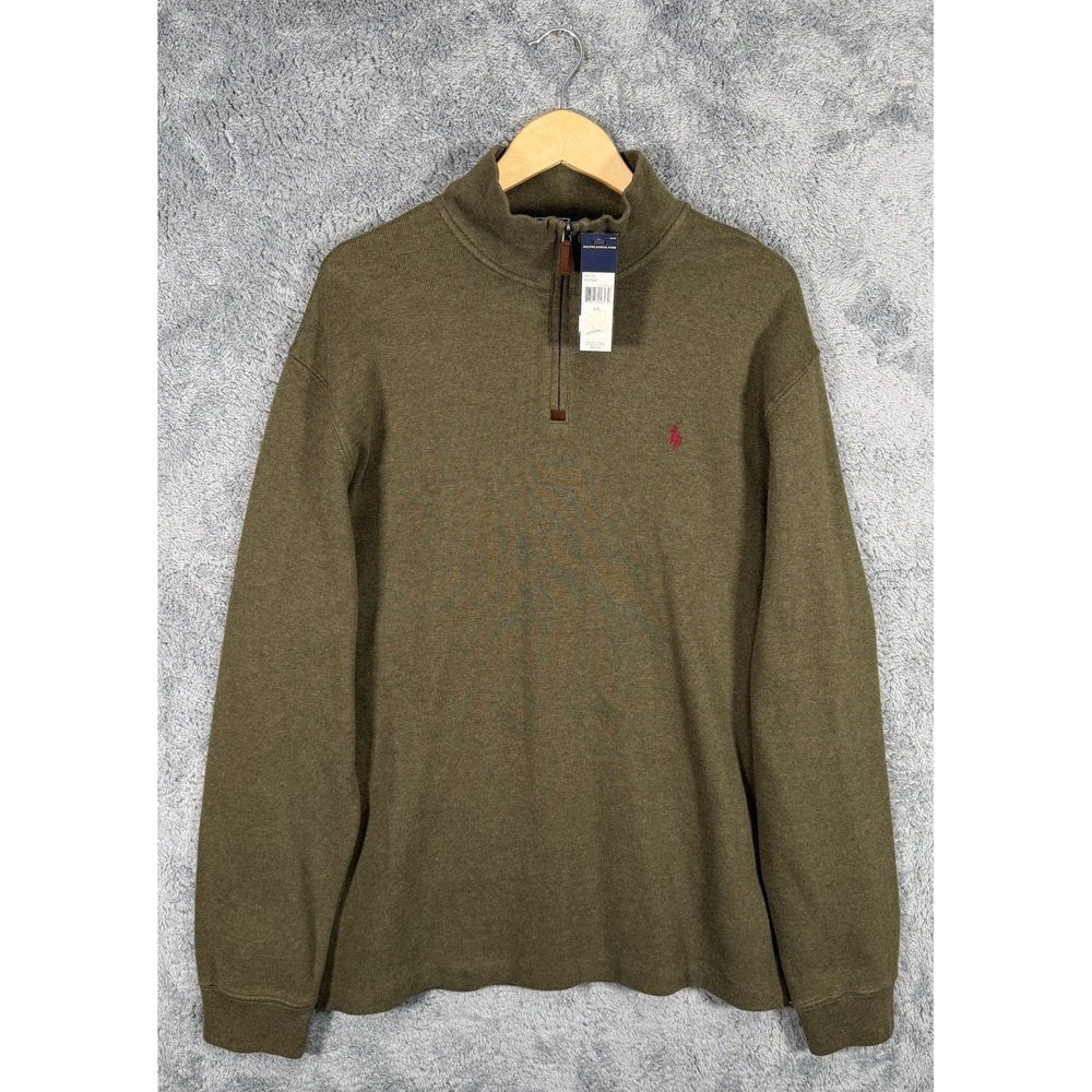 Polo Ralph Lauren Sweater Mens 2XL Green 1/4 Zip 100% Cotton Pullover Preppy